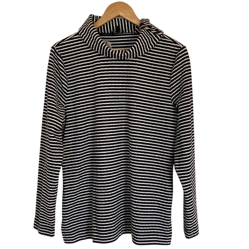 Talbots Womens Pullover Tunic‎ Shirt Size Large Black White Stripe Cowl Neck NWT